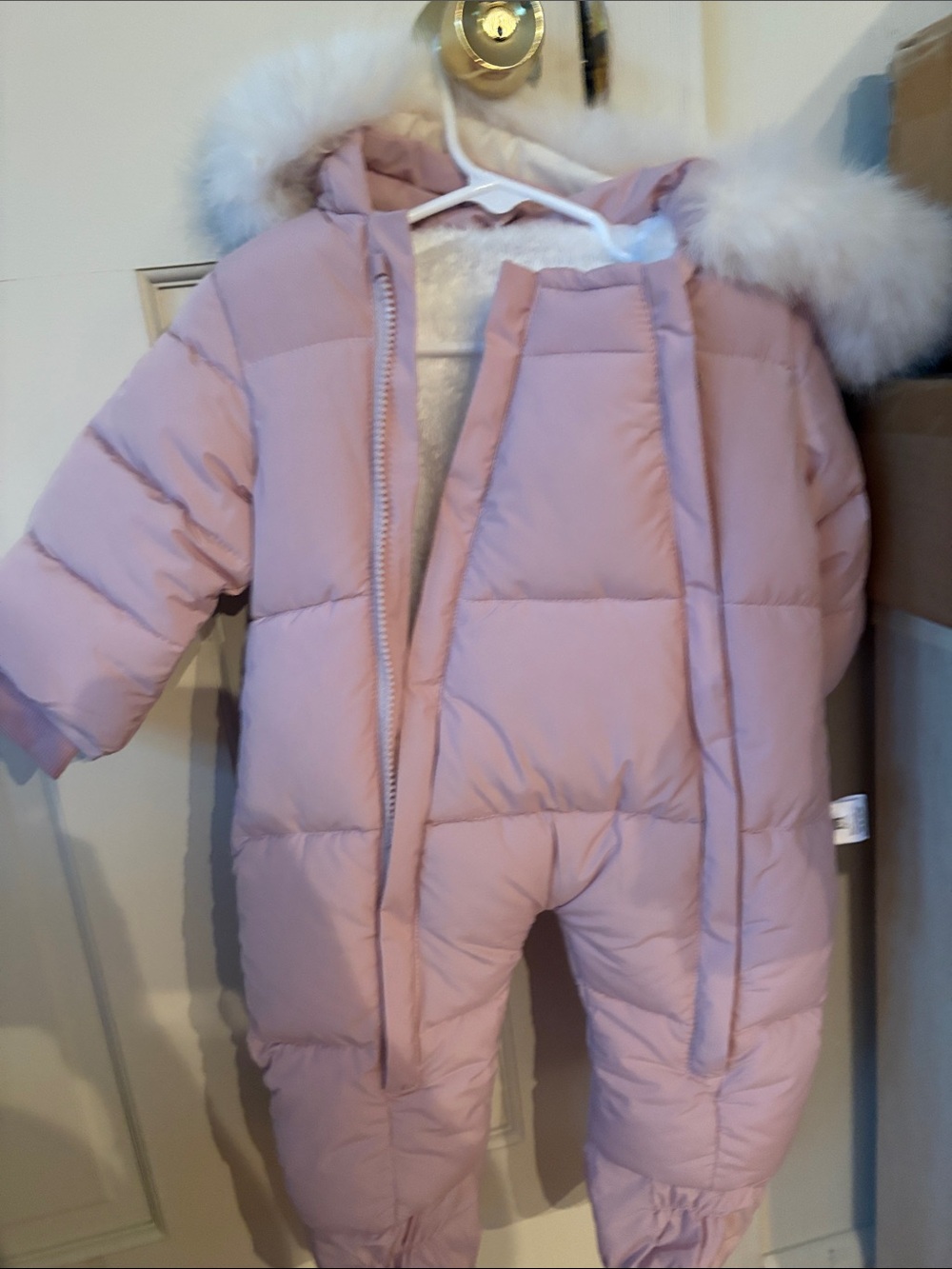 Baby Pink Hooded Puffer Snowsuit with Faux Fur Trim